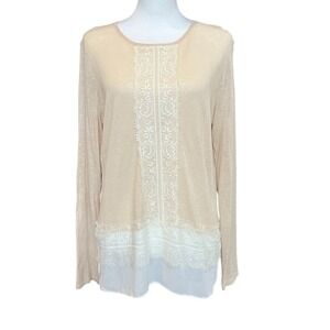 Johnston & Murphy Linen Blend Long Sleeve Lace Detail Sweater Cream Tan Size M